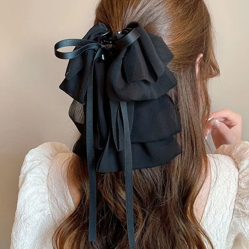 New Bow Floating Ribbon Grip Clip Girls Elegant Ponytail Braid Claw Clip Retro Luxury Female Hair Card Hair Accessories