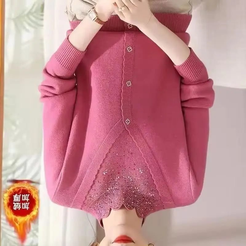 

New Autumn Winter Women Pullover Sweater Middle-aged Mother Add Velvet Thickened FakeTwo-piece Knitted Sweater Woman Jumper