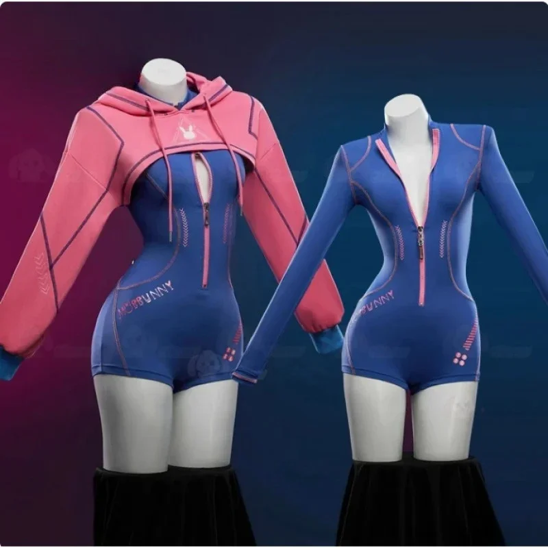 

Halloween Cyber Rabbit Cosplay Costume Jumpsuit Pink Rabbit Ears Hat Coat Women Uniform Outfits Disguise Carnival Party Clothes