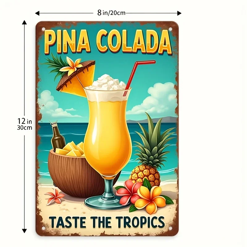 Letrero rectangular de hierro, placa de hierro con diseño de jugo de piña y coco, pina colada, fiesta de verano en bar de playa tropical
