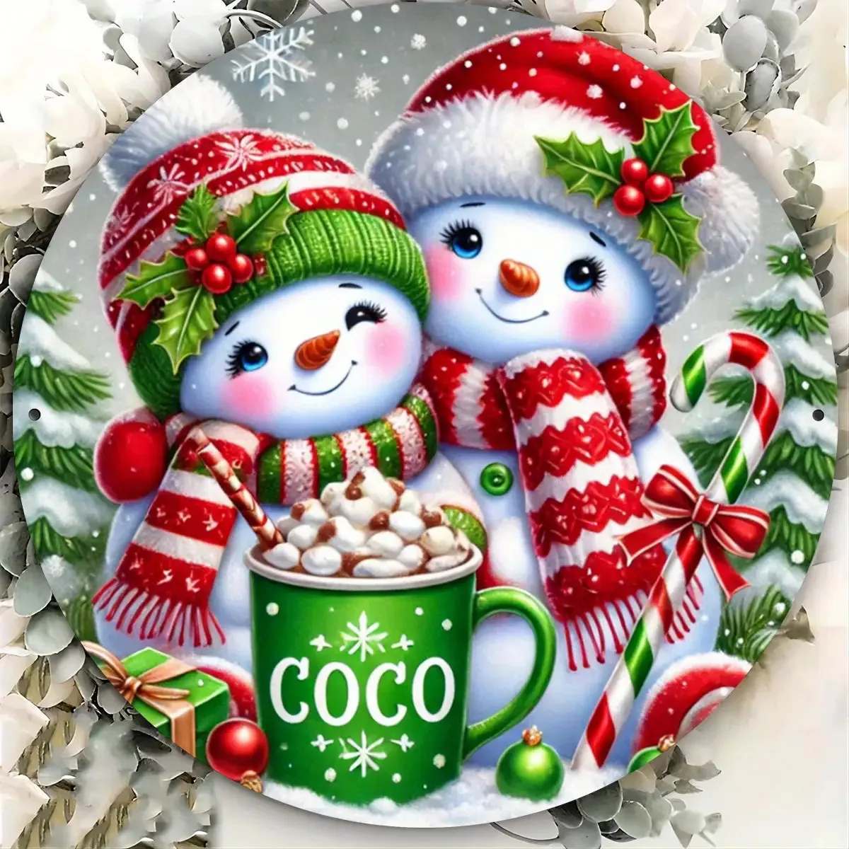 2D FlatSnowman und Hot Cocoa Metallwandkunst – rundes 2D-Blechschild, geeignete Feiertagsdekoration, Wohnzimmer, Schlafzimmer, Essbereich,
