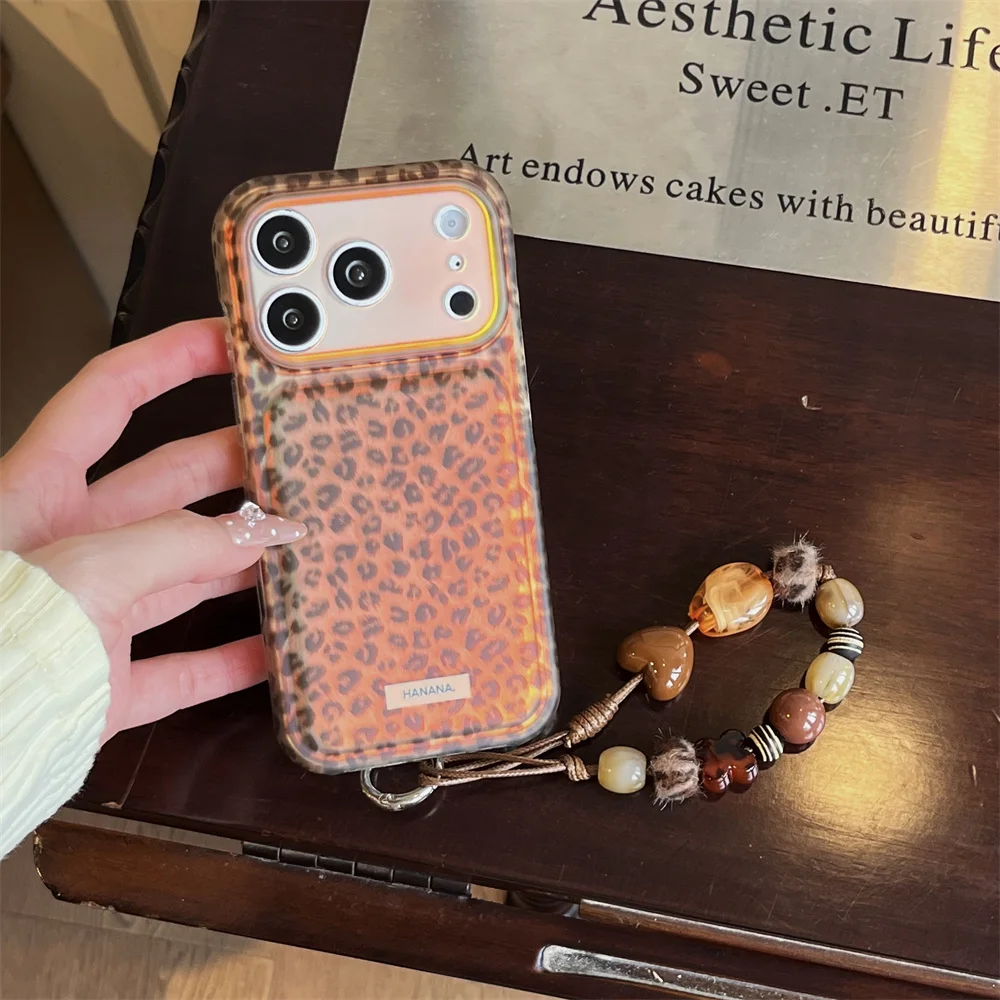 Korea Fashion Ins brown Leopard Phone Case For iPhone 18 Pro 17 16 15 Pro Max Cover Shockproof Cute Cases 18Promax with Chain