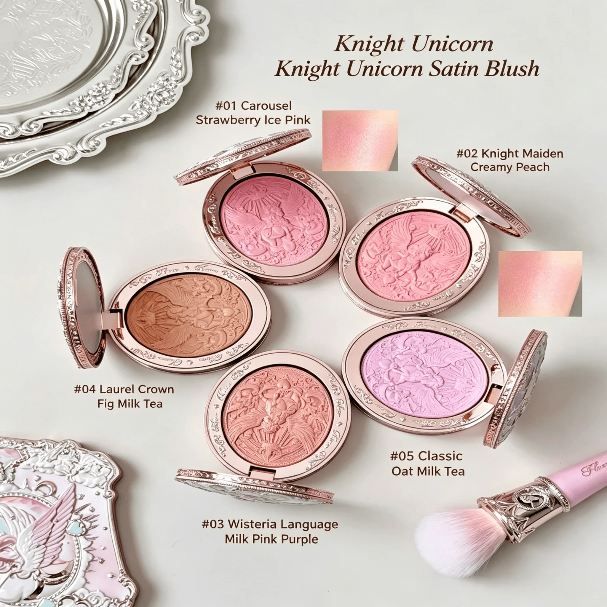 Flower Knows Knight Unicorn Series Embossed Blush Matte Long Lasting Face Makeup Palette with Free Stippling Brush Random Color
