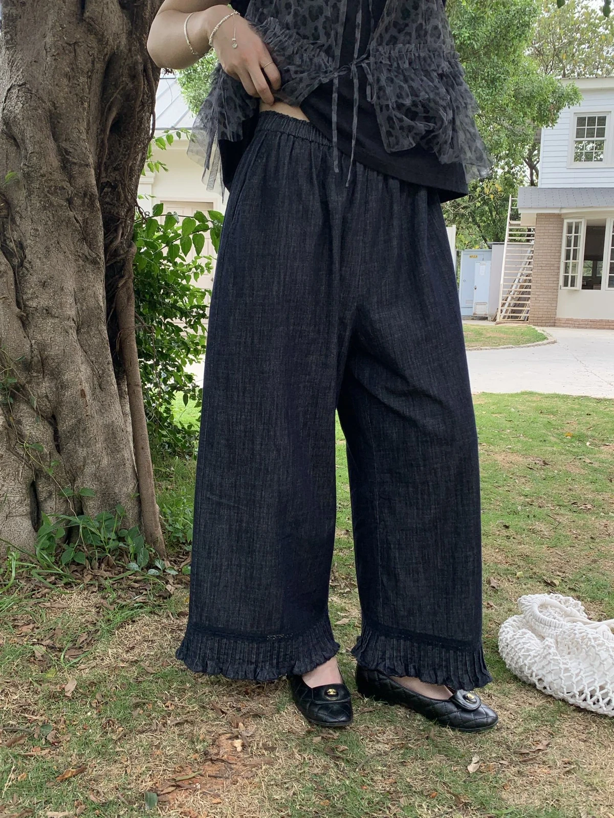 

Джинсы Lilian Milu Room в корейском стиле, простые, с рюшами и вставками, на эластичной талии, прямые, с высокой талией, свободного кроя, женские