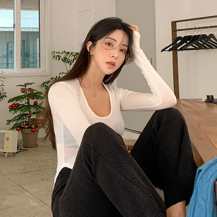 

Slim Fit Long Sleeve round Neck T-Shirt Women's Versatile Base Layer Winter New Style Low Cut Shirt 6503 for Ladies