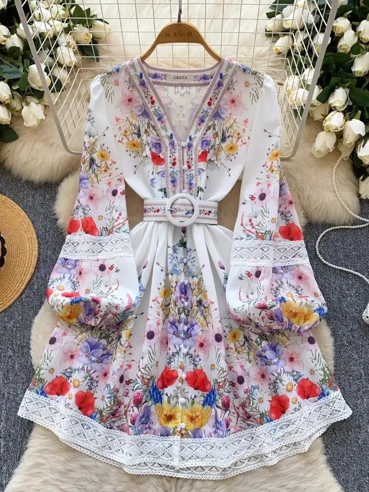 

Women Print Sashes Lace Short Party Dress France Elegant Vintage Palace Evening Dress Female Casual Chic Festival Clothing New