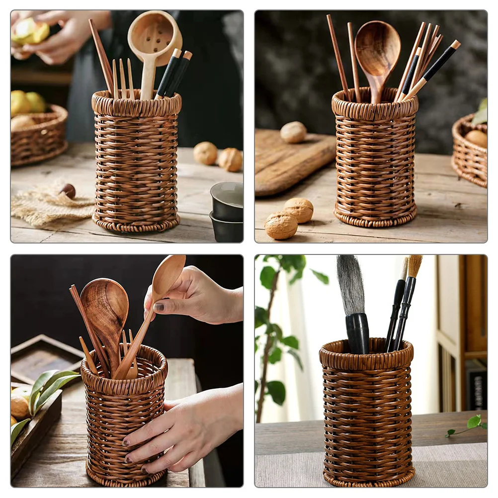 

Woven Cutlery Basket Kitchen Utensils Organizer Imitation Rattan Utensil Holder for Flatware Storage Rustic Countertop Dining