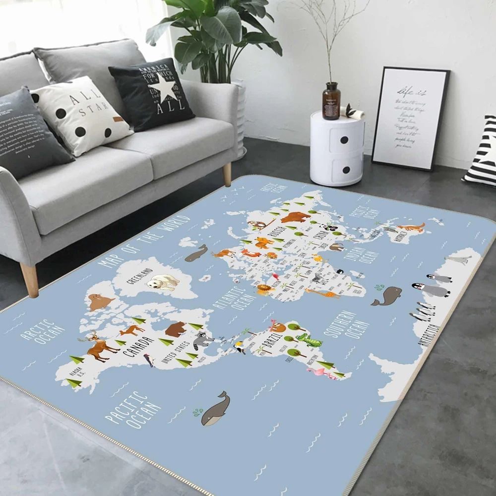 Tapis de carte du monde avec animaux de dessin animé, imprimé géographique éducatif mignon, tapis antidérapant pour salle de jeux, chambre à coucher, décoration de la maison