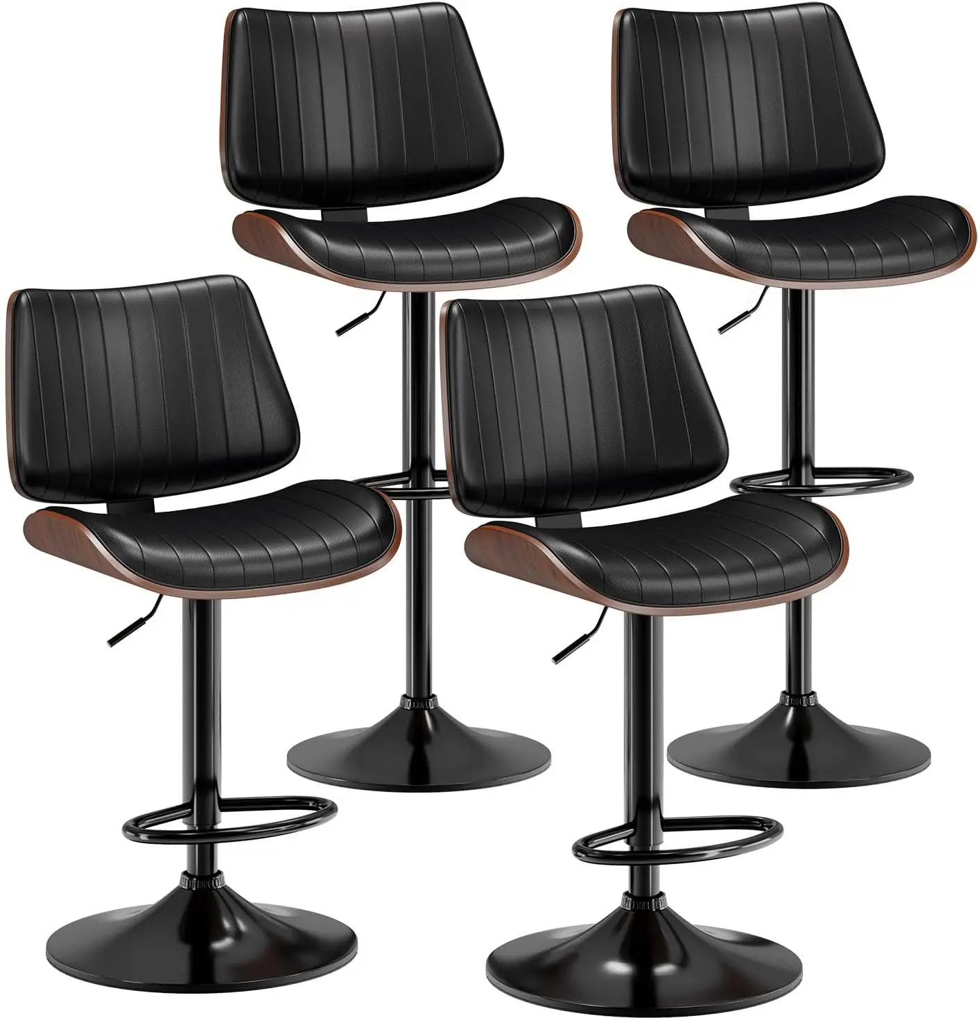 Swivel Bar Stools Set of 4, Adjustable Bentwood Barstools for Kitchen Counter, Modern PU Leather Island, Bar, Dining Room, Black