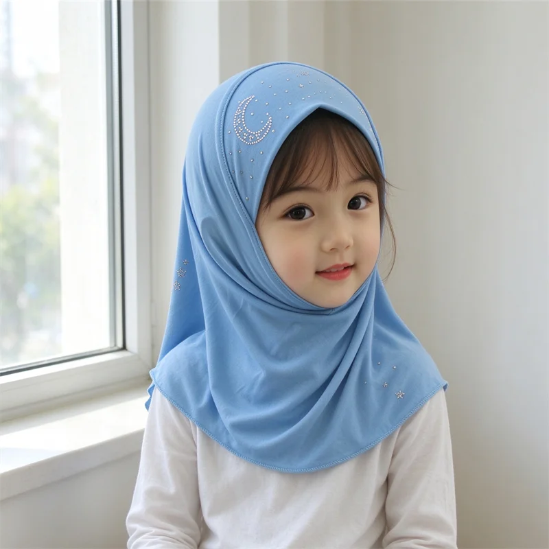 Muslim Jersey Hijab Cute Scarf Amira Turban Moon Star Small Child Headscarf Head Wrap Shawls Niqab Pull On Hat 2-6Year Kids Girl