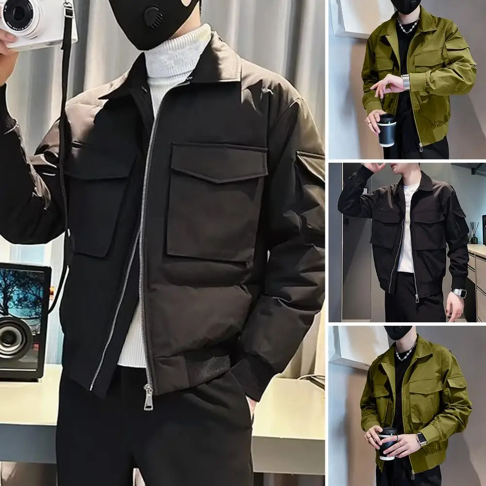 Men Casual Coat Hip Hop Streetwear Men's Jacket with Multiple Pockets Zipper Closure Lapel Buttons Solid Color Casual Coat for A