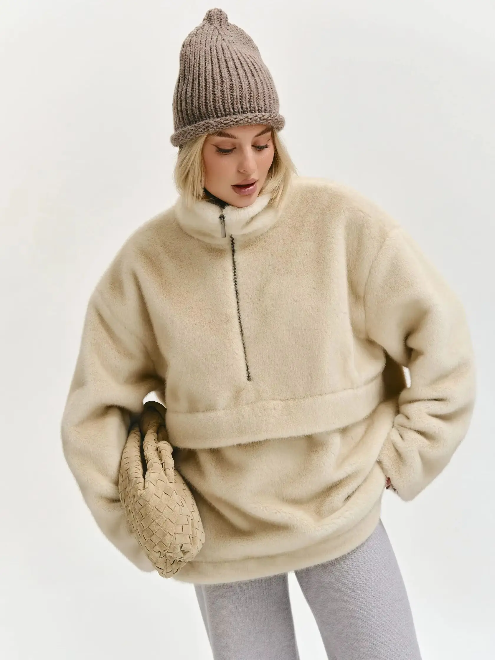 Laur Faux Mink Fur Half Zip Sweatshirt Women Loose Plush Warm Pullover Winter Casual Fluffy Stand Collar Top