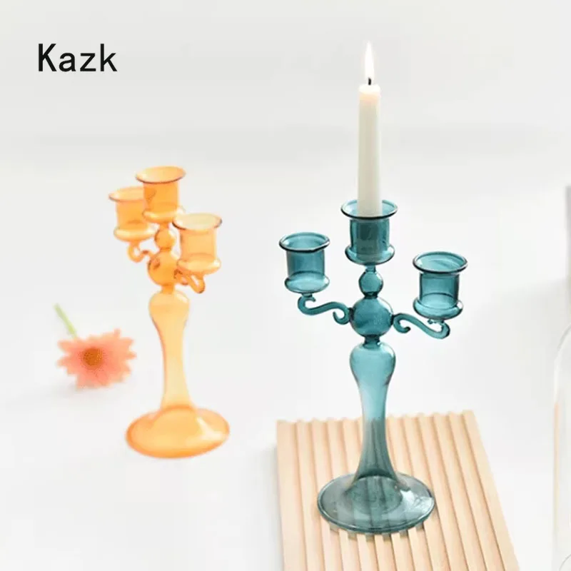 

Nordic Glass Candle Holder Home Decor Triple Socket Candlestick Romantic Candlelight Dinner Wedding Decoration Candle Holders