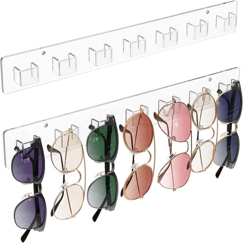 Sunglasses Organizer 2 Pack, Wall-Mounted Eyeglasses Holder, Clear Acrylic Display Rack with 14 Slots