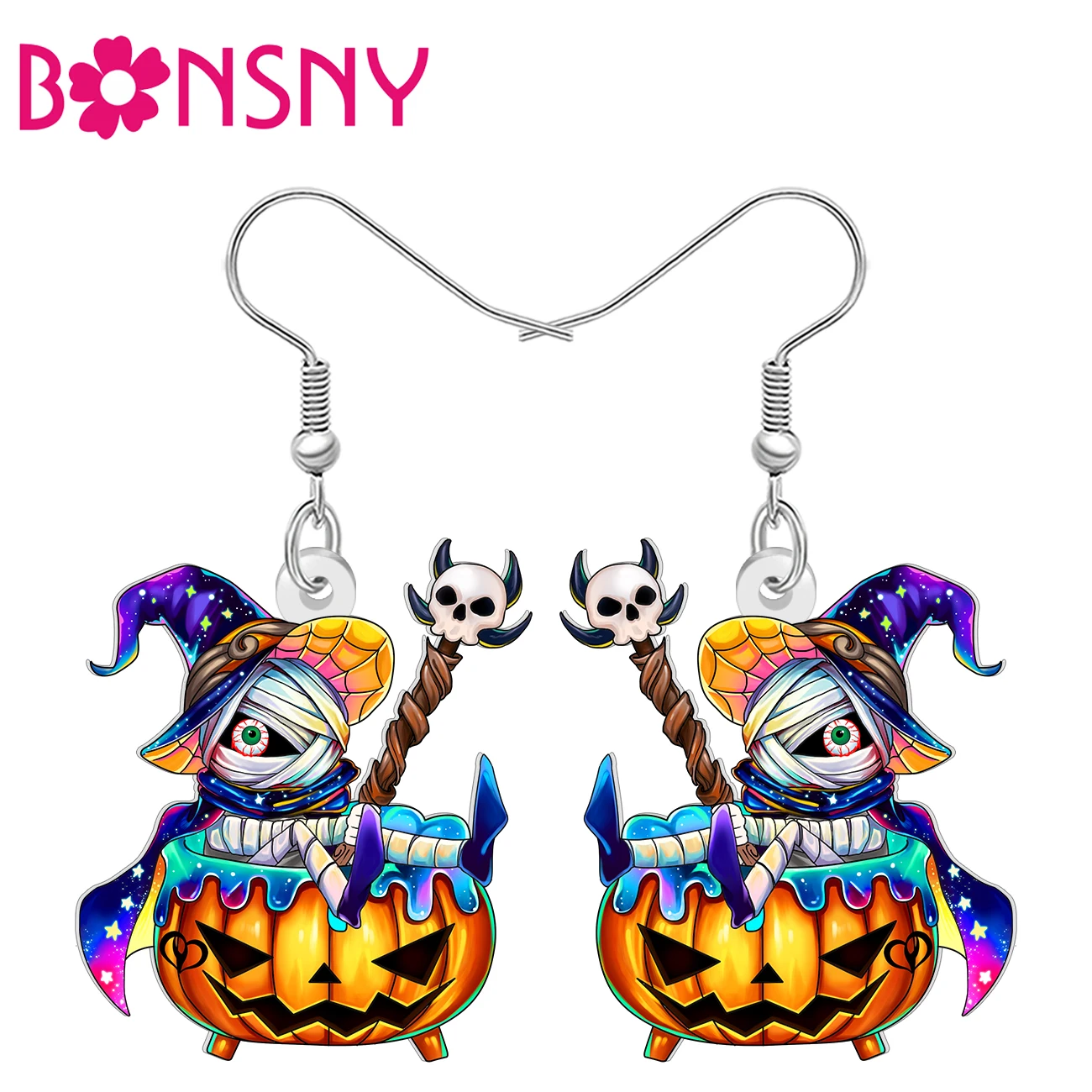 BONSNY Acrylic Halloween Horror Mummy Earrings Pumpkin Lantern Witch Hat Skull Dangle Whimsigoth Jewelry Gifts For Women Teens