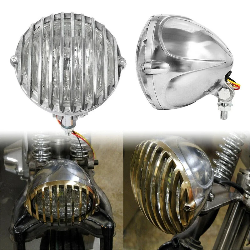 Motorcycle Grill Headlight with Brackets Retro Motorcycle Headlight for CAFE RACER BOBBER XS650 CB750 XL TRI Vintage Front Light