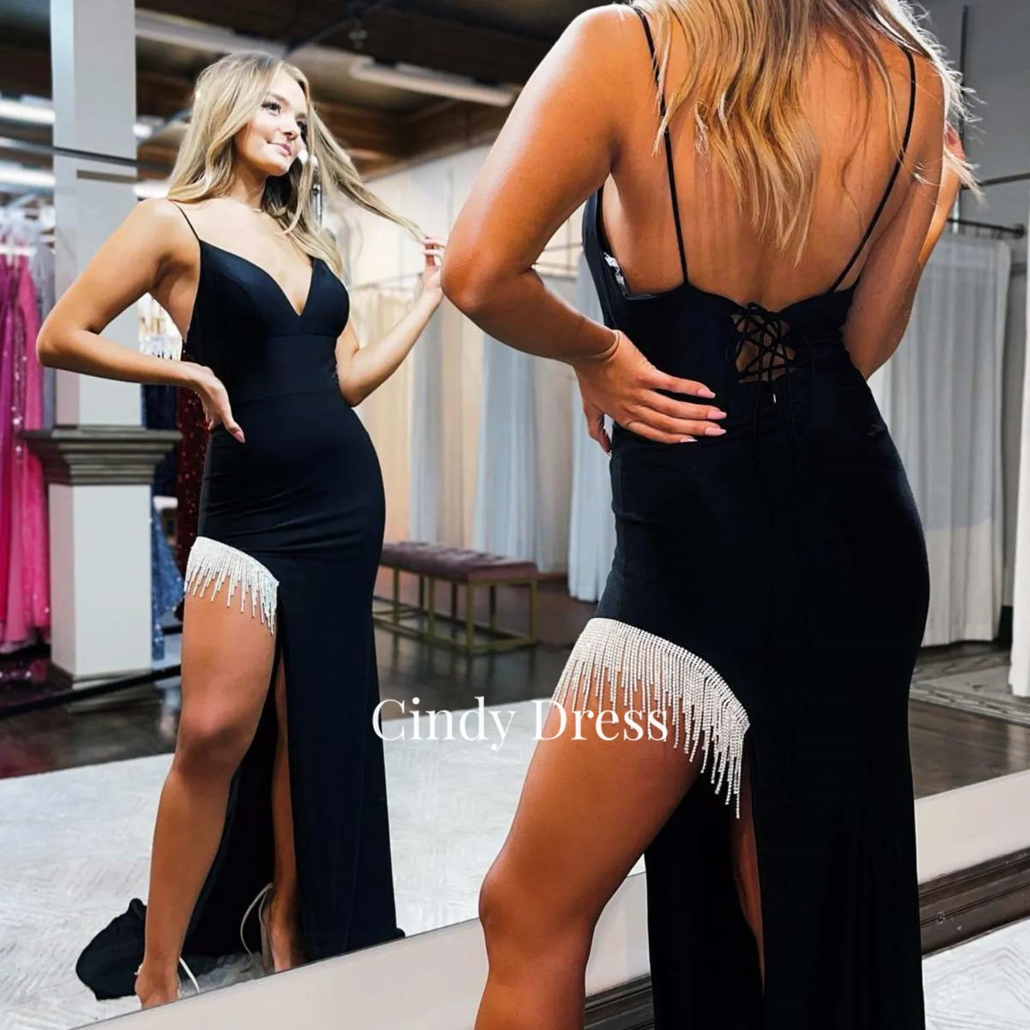 

Cindy Black V-neck Open Back Spaghetti Straps Party Dress Woman Dresses Women Gala Luxurious Women's Evening Bride Prom 2023 New