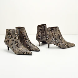 Med Heel Boots Shoes Luxury Designer Snake Print Zipper Fashion High Heel Ankle Ladies Pointy Rubber Solid Pointed Toe Rome Shor