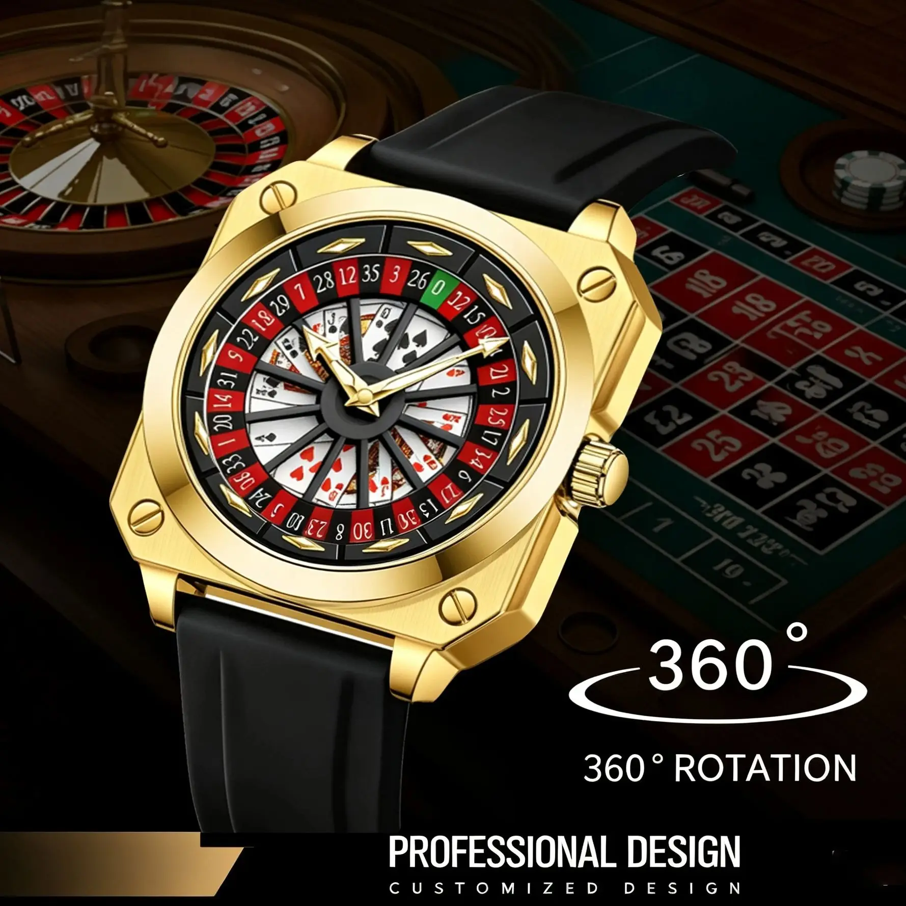Kreative Herrenuhr, modisches Roulette, Original-Quarzwerk, Silikon, Rot, Schwarz, Sport, quadratisch, rotierende Nachtlichtuhr für Herren