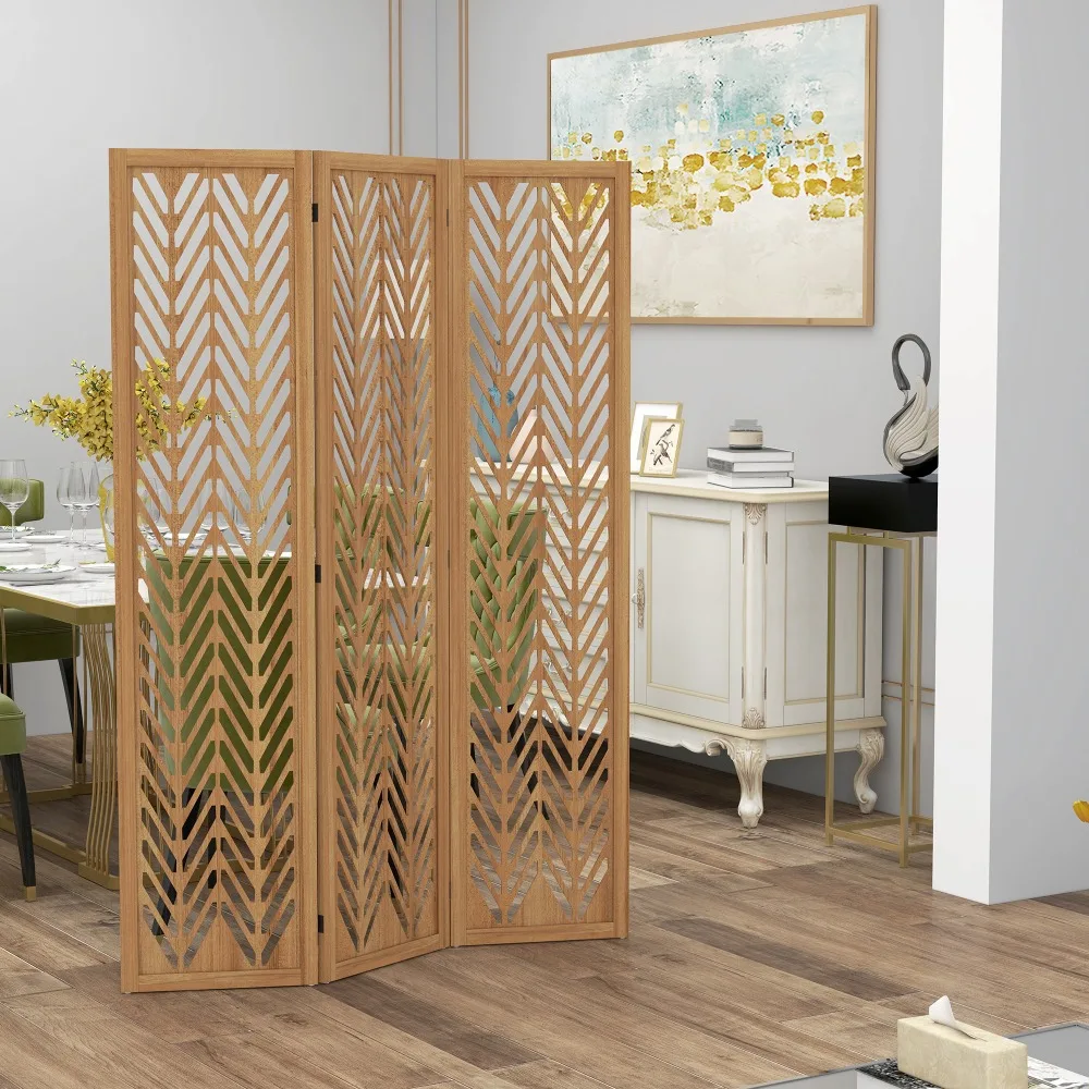 Paravento de madera calada, separador de ambientes, plegable, 3 paneles de madera, 120 x 170 cm, natural