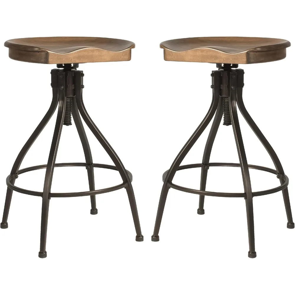 Backless Metal Adjustable Height Stool with Wood Saddle Seat Set of 2, Brown