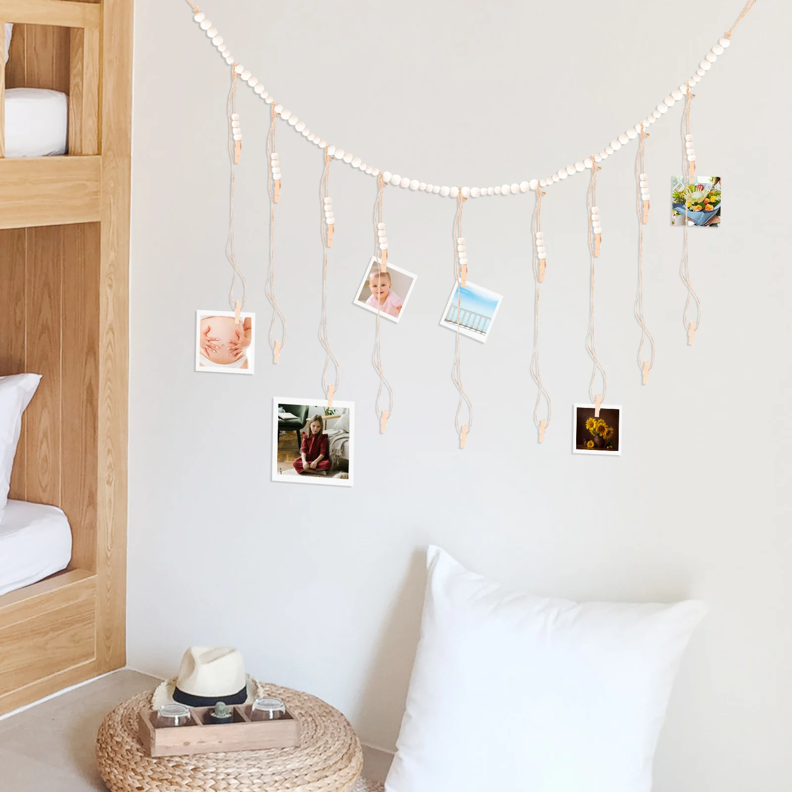 

Wall Hanging Photo Display Wooden Beads Garland Clips Decorative Home Gift Wooden Beads Garland Sister Picture Frames