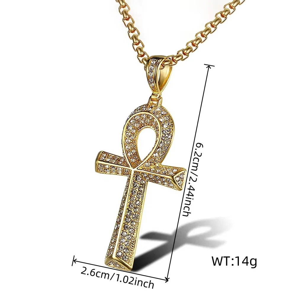 Ägyptischer Ankh Lebensschlüssel-Kreuzanhänger, zweifarbig plattiert, Hip-Hop-Bling-Anhänger für Herren und Damen, religiöses Accessoire, Schmuckgeschenk – Detail 1