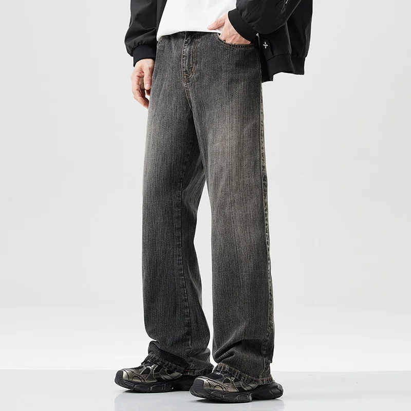 

2025 New Jeans Men's Autumn New Fashion Straight Wide Casual Vintage Smoke Black Washed Denim Trousers Male Streetwear