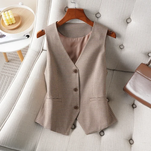 Chaleco corto a cuadros con cuello en V y una botonadura para mujer en primavera y otoño, moderno y adelgazante para el interior del lugar de trabajo a