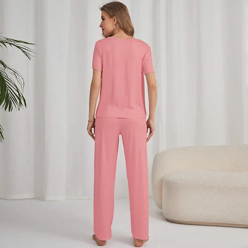 Women's Pajamas Stretchy Casual Comfortable Pink Printed Top and Pants Sleepwear Homewear Ladies Nightwear Europe and America 3