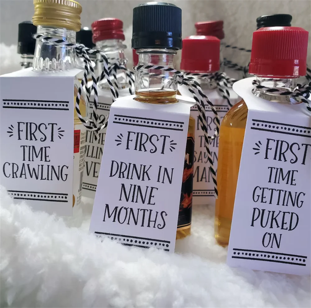 50pcs Baby's Firsts, New Mom Gift, New Dad Gift, Baby Shower Gift, Baby Milestones, Add Tags to Shot Bottles