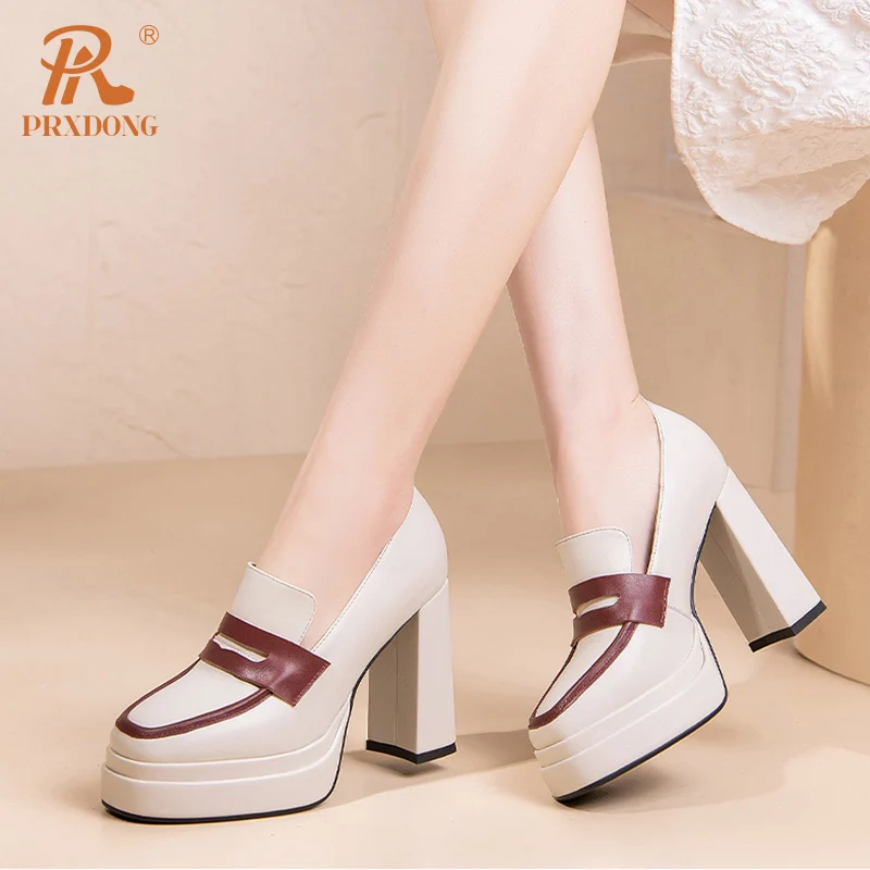 PRXDONG 2024 New Classics Genuine Cow Leather Spring Summer High Heels Platform Black Beige Dress Party Work Lady Pumps Shoes 39