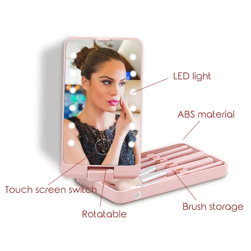 Specchio LED LightingTouch Screen portatile da toeletta pennelli per trucco pennello per ciglia per specchio per il trucco di bellezza con pennelli da 5 pezzi