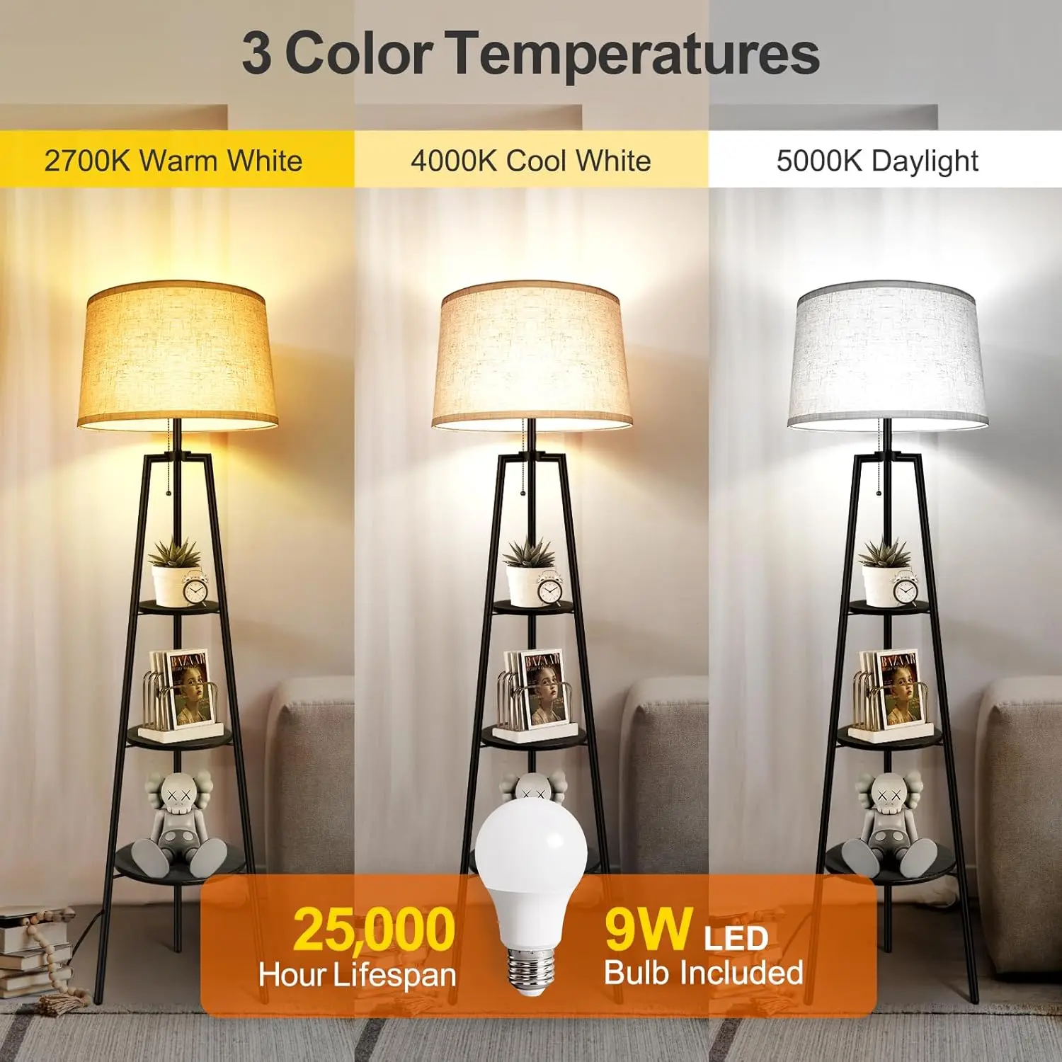 Outon Tripod Floor Lamp With Shelves, Modern Shelf Floor Lamp With 3 Color Temperatures, Memory Function, Standing Tall Lamp