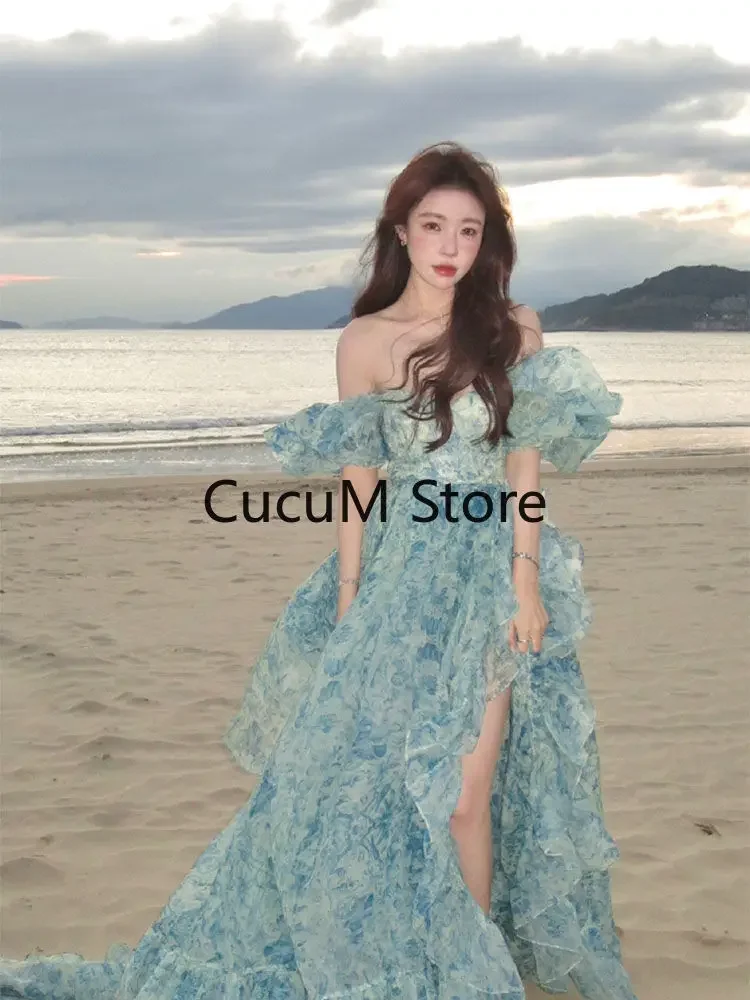 Evening Party Dress 2023 Summer Short Puff Sleeve Khaki Print Organza Women Floor-Length Overlength Princess Long Dress Female