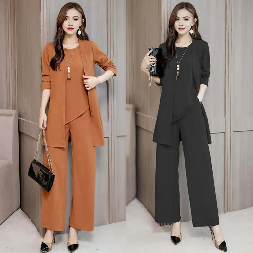 

Women Spring Autumn Suit Elegant Women's Spring Fall Outfit Set with Sleeveless Vest Long Sleeves Coat Wide Leg Pants for Office