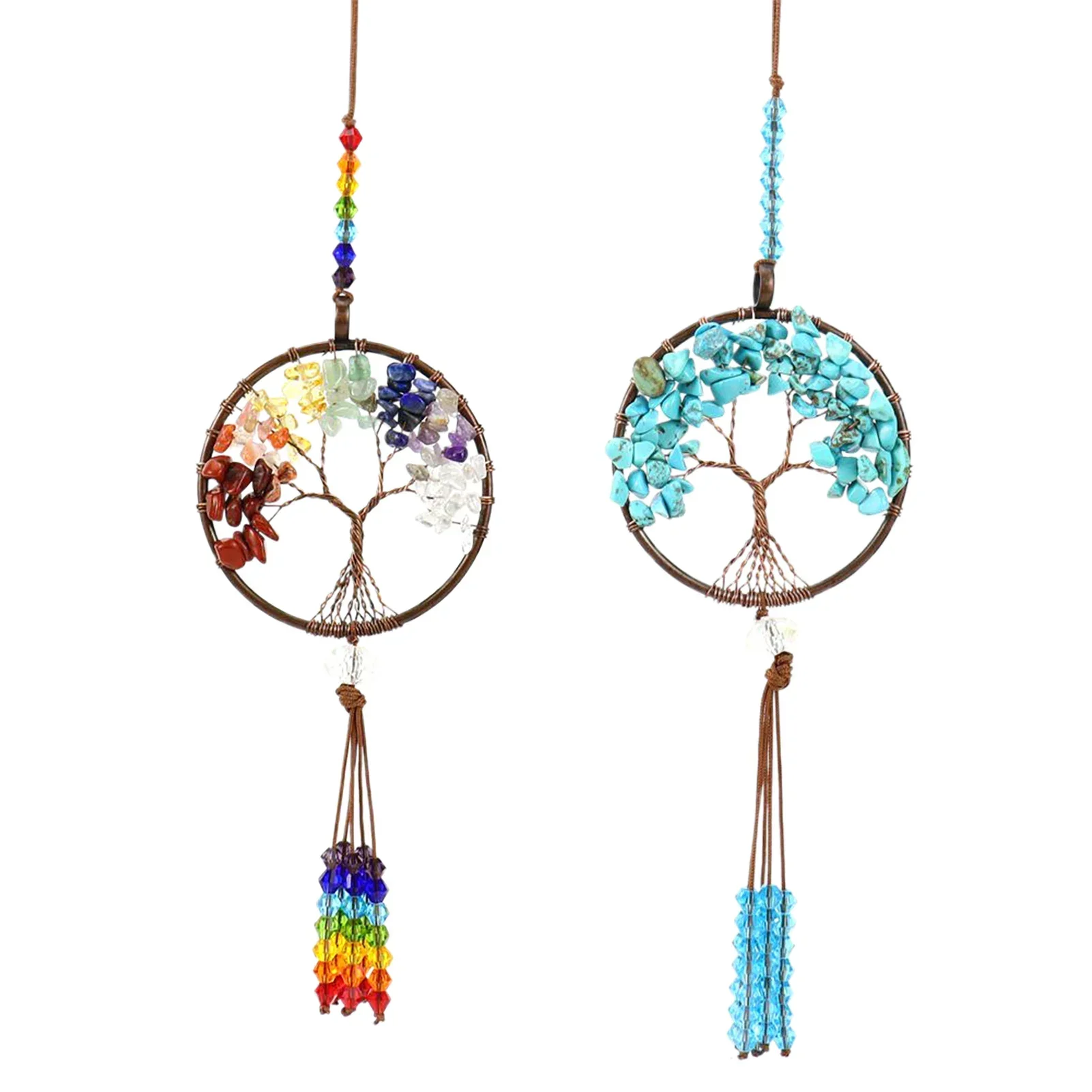 

2Pcs Handmade Life Tree Hanging Ornaments with Natural Stones & Crystal Tassels, Colorful Car/ Wall Decor for Home & Vehicle