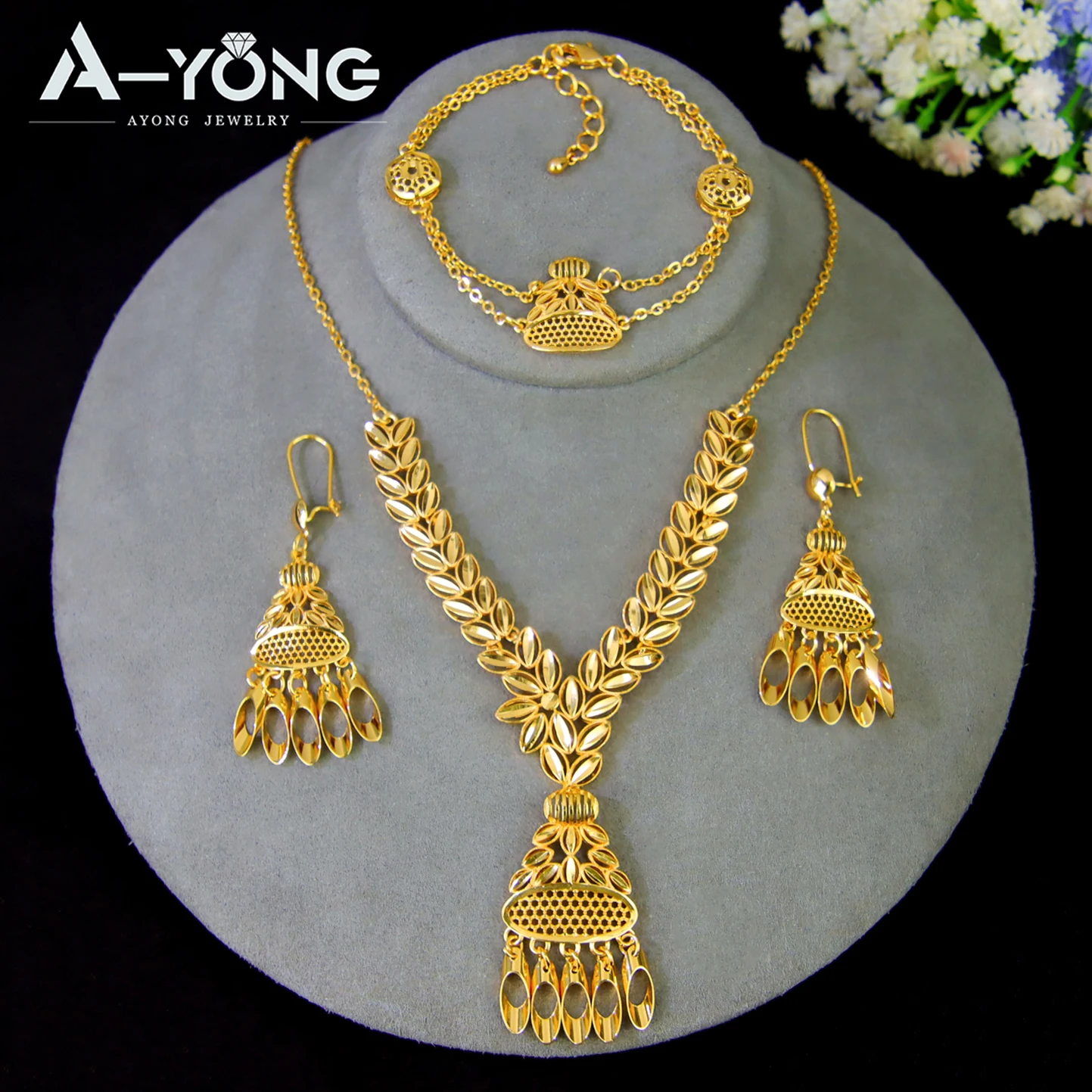 Luxuriöses Dubai Brautschmuck-Set 21k Vergoldet Nigeria Elegante Halskette Armband Ohrringe Arabischer Frauen Party-Schmuck – Detail 34
