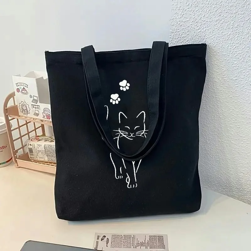 Newest Shoulder Cute Minimal Line Cat Paw Print Black Canvas Tote Bag Casual Student Daily Shoulder Bag