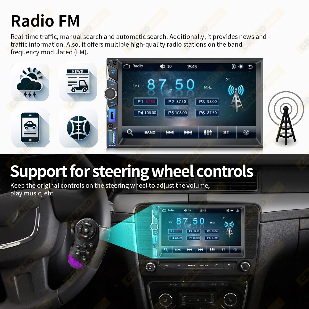 2DIN 7inch Car Multimedia MP5 Player Wired CarPlay Android Auto Mirrorlink Touch Screen AUX Bluetooth Stereo USB Fast Charging