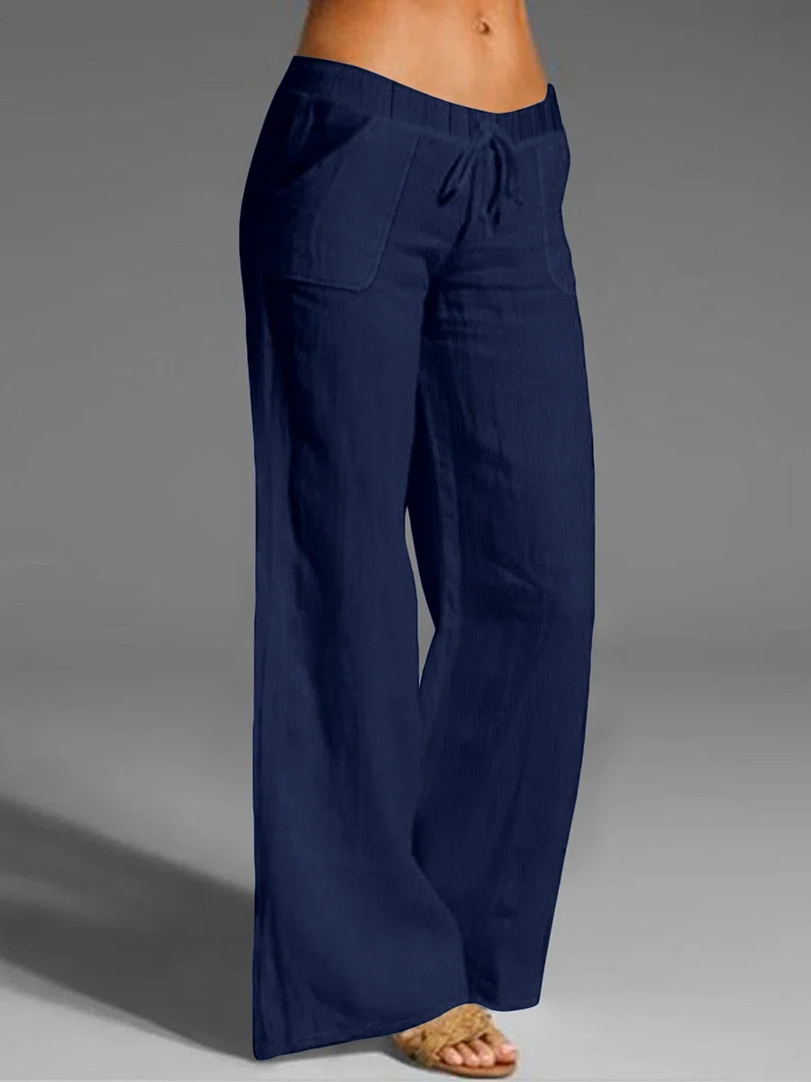 New Fashion Spring Autumn Women Wide Leg Pants High Waist Drawstring Loose Long Trousers Solid Color Side Pocket Bottoms