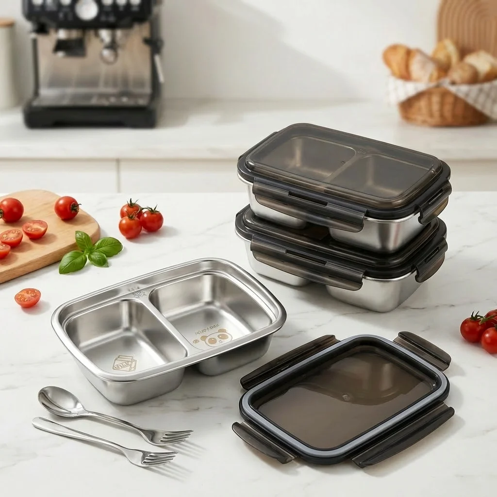 304 Stainless Steel Divided Lunch Box For Kids Students 2/3 Grids Large Capacity Portable Leak-proof Bento Box Microwave Safe