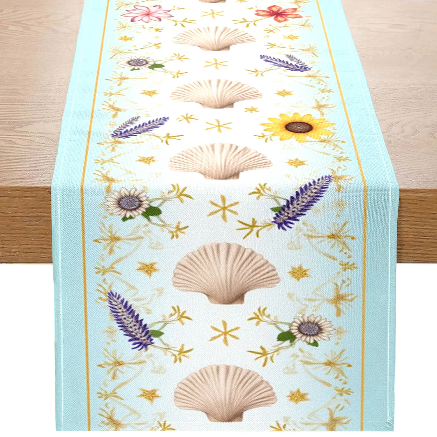 

Цельная дорожка для стола на морскую тематику, украшенная ракушкой и цветочным узором, подходит для домашнего отдыха на море и украшения для летних вечеринок