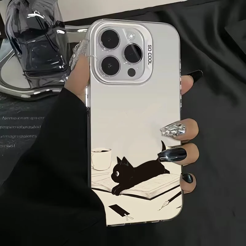 Cute Black Cat Pattern Electroplate Silver IMD Phone Case For Xiaomi Redmi 14C 12 Redmi Note 13 12 11 10 Pro Plus 12S 11S Cover