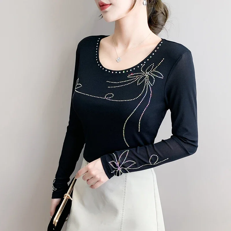 Elegant Round-Neck Dance Top with Delicate Rhinestone Details Women Stretchy Lightweight Mesh T-shirts Spring Autumn
