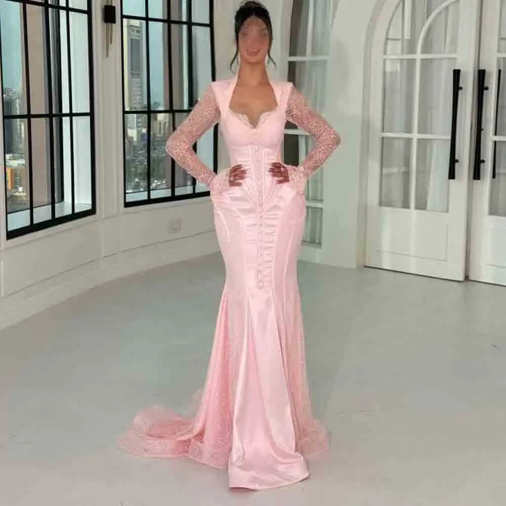Customized Lace Corset Evening Dress Pink Mermaid Formal Wedding Party Gown with Mesh Sleeve Satin Trumpet Evening Gowns
