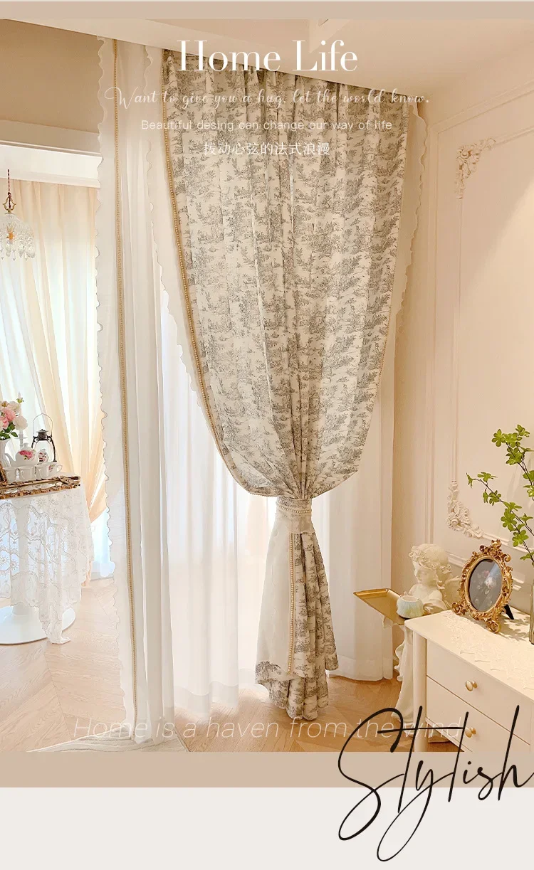 French Style Printing Court Retro Half Blackout Curtain A Living Room Bedroom Lace Pearl Classical Style