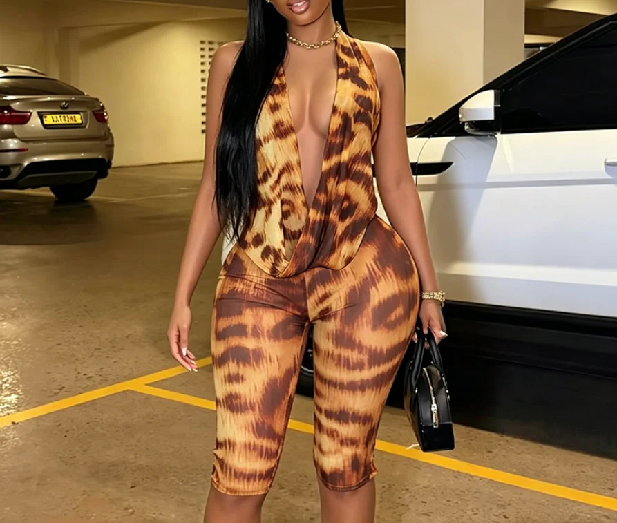

Two Piece Set Women Outfit 2026 Spring New Tie-Dye Print Halter Deep V-Neck Backless Lace Up Top & High Waist Casual Pants Set