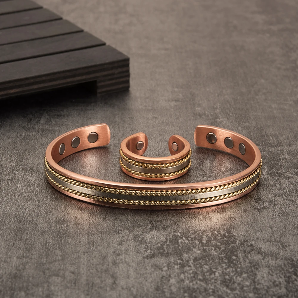 Ikuinen Jewelry Set Magnetic Copper Bracelet and Ring Adjustable Twisted Open Cuff Thread Bracelets Ring For Women Men Gift