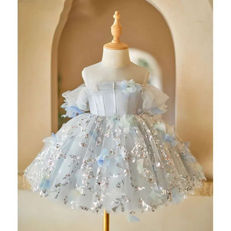 

Gorgeous Girls Princess Flower sequin Tulle Dress Children Wedding Gown baby infant Birthday Party Kids Dresses